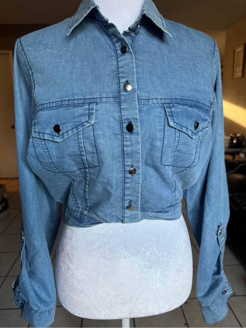 Denim Button-Front Cropped Jacket - Light Blue fits small to medium